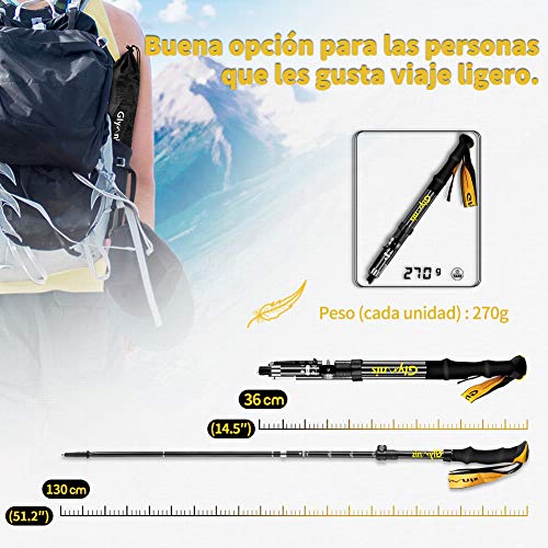 Glymnis Bastones de Senderismo Bastones Trekking Plegables 2pcs 36cm-130cm de Aleación de Aluminio 7075 y EVA para Senderismo Alpinismo Trail Viaje Amarillo