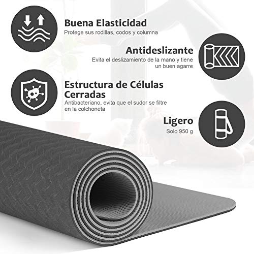 Glymnis Esterilla Yoga Antideslizante Colchoneta Yoga Mat Esterilla Deporte de Material Ecológico TPE Esterilla Pilates con Correa 183mm x 61mm x 6mm Negro