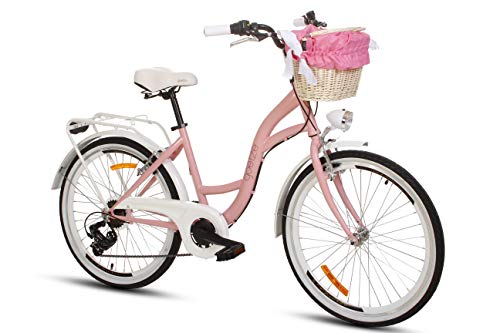 Goetze Mood - Bicicleta de ciudad retro vintage holandesa para mujer, ruedas de aluminio de 24 pulgadas, cambio Shimano de 7 velocidades, subida profunda, cesta con acolchado