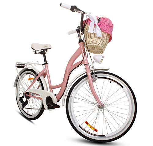 Goetze Mood - Bicicleta de ciudad retro vintage holandesa para mujer, ruedas de aluminio de 24 pulgadas, cambio Shimano de 7 velocidades, subida profunda, cesta con acolchado