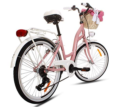 Goetze Mood - Bicicleta de ciudad retro vintage holandesa para mujer, ruedas de aluminio de 24 pulgadas, cambio Shimano de 7 velocidades, subida profunda, cesta con acolchado