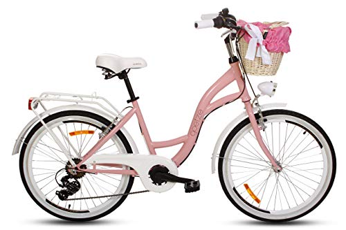 Goetze Mood - Bicicleta de ciudad retro vintage holandesa para mujer, ruedas de aluminio de 24 pulgadas, cambio Shimano de 7 velocidades, subida profunda, cesta con acolchado