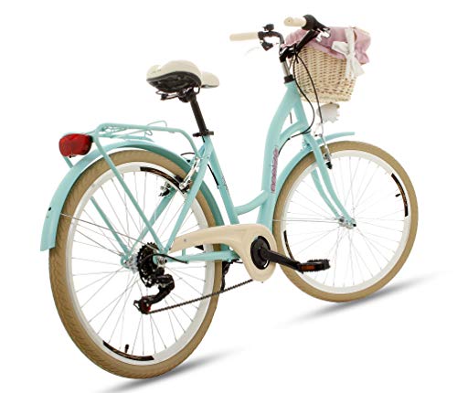 Goetze Mood - Bicicleta de ciudad retro vintage holandesa para mujer, ruedas de aluminio de 26 pulgadas, cambio Shimano de 7 velocidades, subida profunda, cesta con acolchado