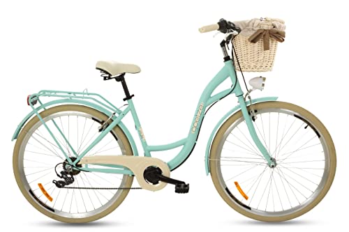 Goetze Mood - Bicicleta de ciudad retro vintage holandesa para mujer, ruedas de aluminio de 26 pulgadas, cambio Shimano de 7 velocidades, subida profunda, cesta con acolchado