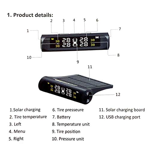 Goolsky Sistema de monitoreo de presión de neumáticos de Coche inalámbrico TPMS Solar con 4 sensores externos