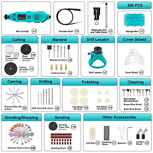 GOXAWEE Mini Amoladora Eléctrica Multiherramienta con Brazo Telescópico / Tabla de Abrazadera 288 Accesorios Kit, Herramientas Rotatorias Multifunción, Velocidad Variable para Artesanías y Manualidad