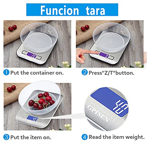 GPISEN Báscula Digitales de Precisión 5 kg/11 lbs,pesar Frutas,Granos,Carne u otro Líquido Báscula de Joyería,con Pantalla LCD,Plataforma de Acero Inoxidable,Función de Tara-Baterías Incluidas