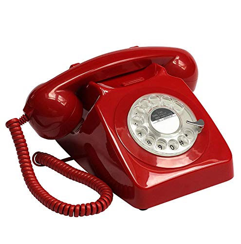 GPO 746 Teléfono fijo de disco con estilo retro de los años 70 - Cable en espiral, Timbre tradicional auténtico - Rojo