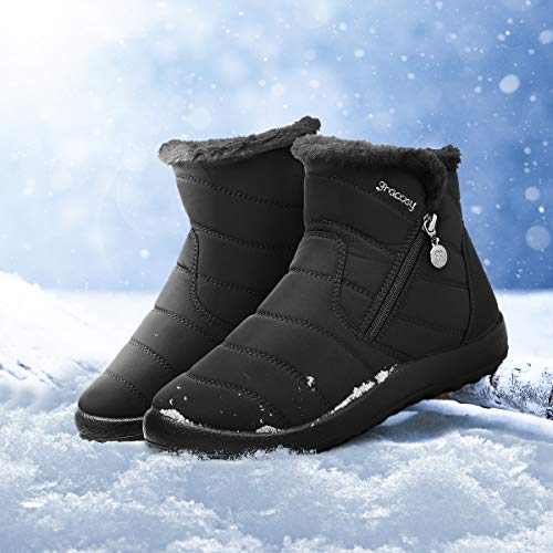 gracosy Botas de Mujer 2021 Otoño Invierno Goma Encaje Forro de Piel Punta Redonda Botas de Nieve Zapatos de Trabajo Formal Calzado Antideslizante Ligero Botines Que Caminan Negro 39