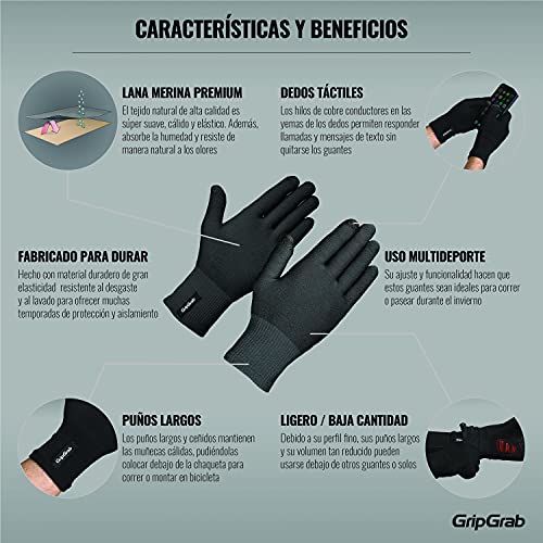 GripGrab Guantes de Ciclismo Invierno de Lana Merino Guantes Largos Bicicleta Térmicos de Punto Táctiles Sotoguantes, Negro, M/L