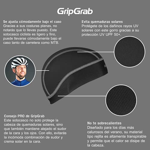 GripGrab UPF 50+ Lightweight UV-Protection Under Helmet Skull-Cap Summer Bicycle Hat Road MTB Gravel Bike Headwear, Negro, Talla única