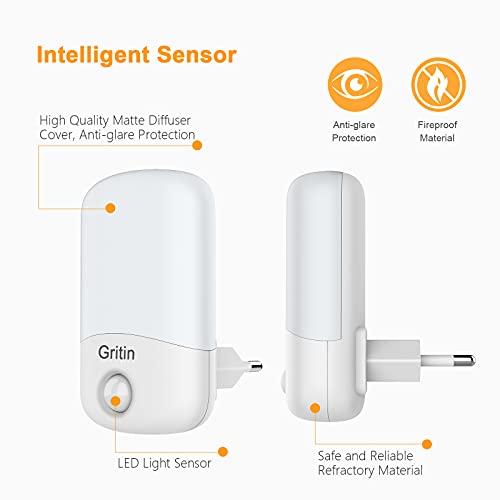 Gritin Luz Nocturna Infantil, [2-Pack] Luz Calida LED Noche con Luz Sensor, Luz Lámpara Quitamiedos Infantil con Enchufe, Ahorro de Energía Luz para Habitación Bebé, Pasillos, Dormitorio, Sala etc.