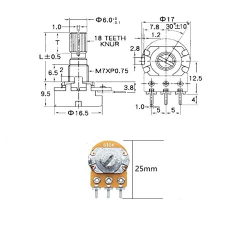 GTIWUNG 20Pcs Potenciómetro B5K B10K B20K B50K B100K Ohm, Lineal Cónico Rotativo Potenciómetro Kit, 3 Terminales Potenciometro de B-Tipo Estéreo Audio Potenciómetro con Perilla