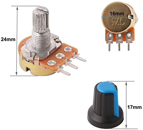 GTIWUNG 20Pcs Potenciómetro, Lineal Cónico Rotativo Potenciómetro Kit, 3 Terminales Potenciometro de B-Tipo Estéreo Audio Potenciómetro con Perilla(B5K B10K B20K B50K B100K Ohm)