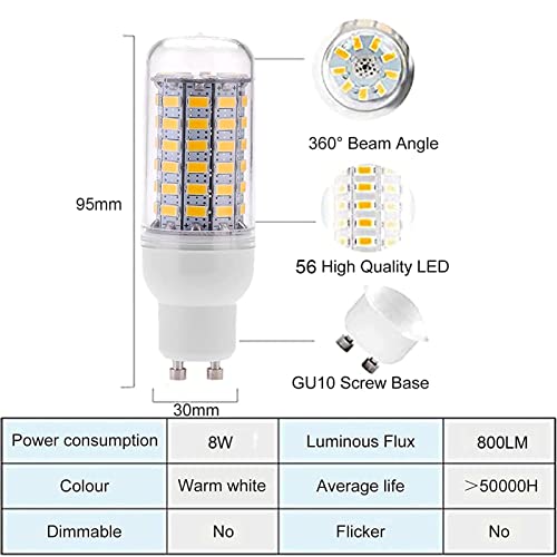 GU10 Maíz Bombillas, Bombilla 8W LED Luz Blanco Cálida 3000K, Alto Brillo 800LM, Equivalente Lámpara Halógena 80W, AC 110V/230V, No Regulable, Pack de 5,220V~240V