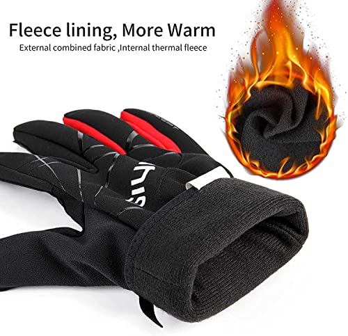 Guantes de ciclismo con almohadilla de gel a prueba de golpes Guantes cálidos de dedos completos para bicicleta de carretera MTB, guantes a prueba de viento y transpirables(negro rojo, M)