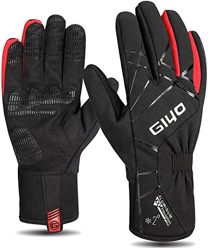 Guantes de ciclismo con almohadilla de gel a prueba de golpes Guantes cálidos de dedos completos para bicicleta de carretera MTB, guantes a prueba de viento y transpirables(negro rojo, M)