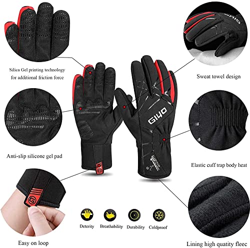 Guantes de ciclismo con almohadilla de gel a prueba de golpes Guantes cálidos de dedos completos para bicicleta de carretera MTB, guantes a prueba de viento y transpirables(negro rojo, M)