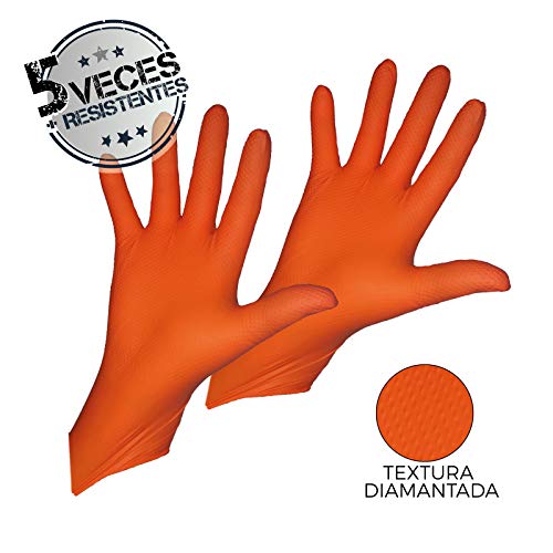 GUANTES de NITRILO DIAMANTADO naranjas - Los guantes de nitrilo MÁS RESISTENTES del mercado - SIN LÁTEX - REUTILIZABLES (L)