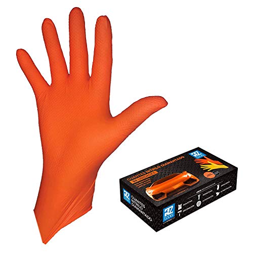 GUANTES de NITRILO DIAMANTADO naranjas - Los guantes de nitrilo MÁS RESISTENTES del mercado - SIN LÁTEX - REUTILIZABLES (L)