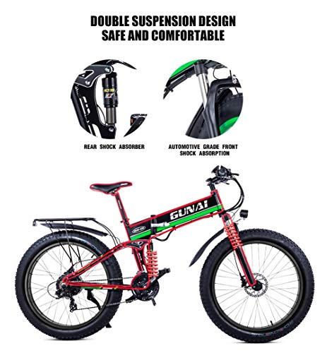 GUNAI Bicicleta eléctrica 26 Pulgadas Bicicleta de Nieve Plegable con neumáticos Gruesos Bicicleta eléctrica de montaña de 21 velocidades con Asiento Trasero （Rojo）