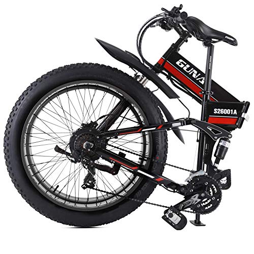 GUNAI Bicicleta eléctrica 26 Pulgadas Bicicleta de Nieve Plegable con neumáticos Gruesos Bicicleta eléctrica de montaña de 21 velocidades con Asiento Trasero （Rojo）