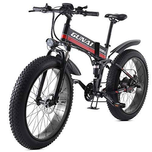 GUNAI Bicicleta eléctrica 26 Pulgadas Bicicleta de Nieve Plegable con neumáticos Gruesos Bicicleta eléctrica de montaña de 21 velocidades con Asiento Trasero （Rojo）