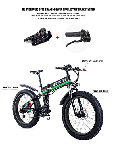 GUNAI Bicicleta eléctrica 26 Pulgadas Bicicleta de Nieve Plegable de neumáticos Gruesos Bicicleta eléctrica de montaña de 21 velocidades con Asiento Trasero （Verde）