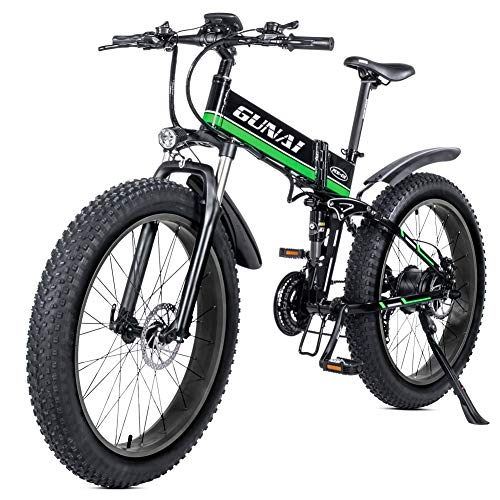GUNAI Bicicleta eléctrica 26 Pulgadas Bicicleta de Nieve Plegable de neumáticos Gruesos Bicicleta eléctrica de montaña de 21 velocidades con Asiento Trasero （Verde）