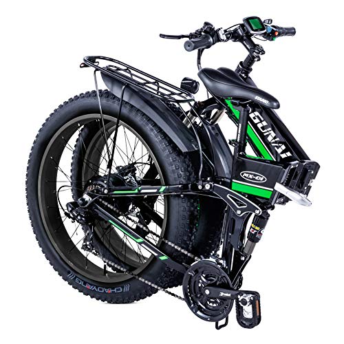 GUNAI Bicicleta eléctrica 26 Pulgadas Bicicleta de Nieve Plegable de neumáticos Gruesos Bicicleta eléctrica de montaña de 21 velocidades con Asiento Trasero （Verde）