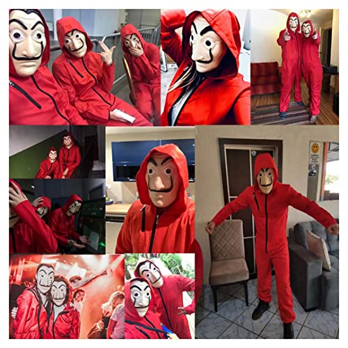 Halloween Mono de Ladrón de Banco para Carnaval,Disfraz de Ladrón Mono Rojo de Manga Larga con Capucha,Conjunto de Cosplay Disfraces Máscara y Ametralladora,Disfraz de Carnival (Adult-S--160-170)