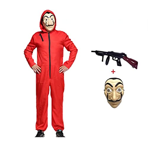 Halloween Mono de Ladrón de Banco para Carnaval,Disfraz de Ladrón Mono Rojo de Manga Larga con Capucha,Conjunto de Cosplay Disfraces Máscara y Ametralladora,Disfraz de Carnival (Adult-S--160-170)