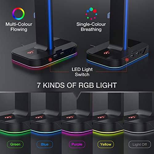 havit RGB Soporte de Cascos Gaming Dual con 2 Cargador USB,Soporte para Auriculares Gaming con 7 Modos de iluminación,para PC/Netbook/Gamer,Negr