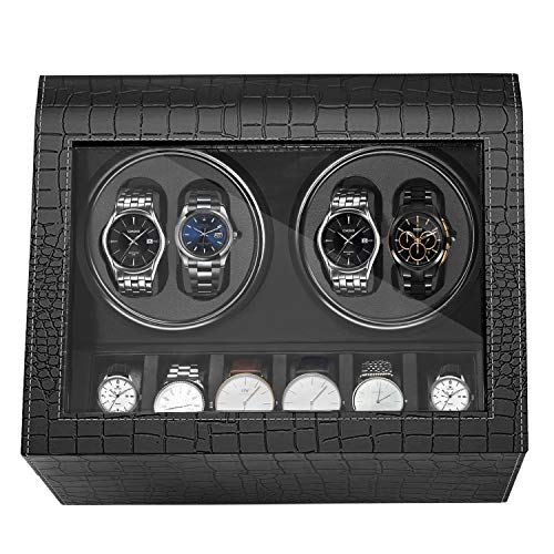 HBselect Caja Relojes Automaticos Silencioso Cajas Giratorias para Relojes (para 4+ 6 Relojes) Negro Clásico Caja De Relojes Mecánicos Caja Bobinadora