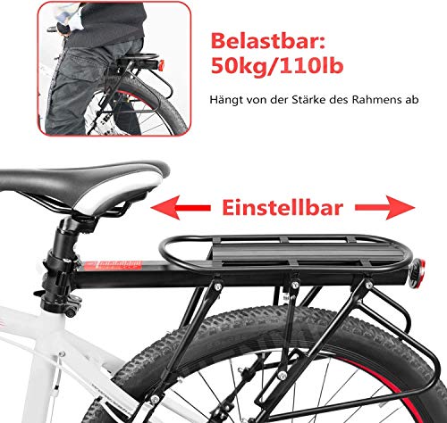 HENMI Portaequipajes Bicicleta,Cuadro de Bicicleta Ajustable de Aleación de Aluminio,Carga Máxima de 50 kg,Montaje Rápido,con Reflector