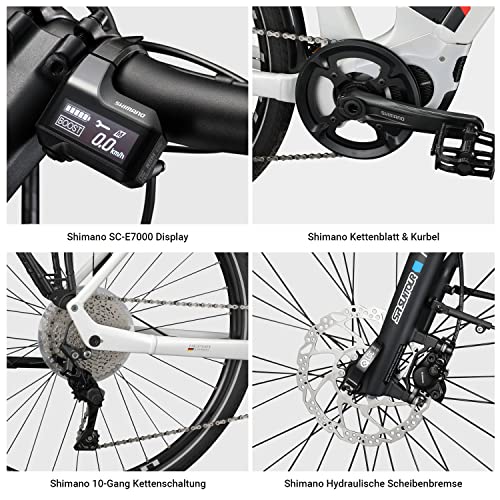 HEPHA Bicicleta eléctrica Trekking 3.0 para mujer, motor central Shimano E7000, Pedelec 630 Wh, batería extraíble, 10 velocidades, 28 pulgadas (blanco, RH 48 cm)
