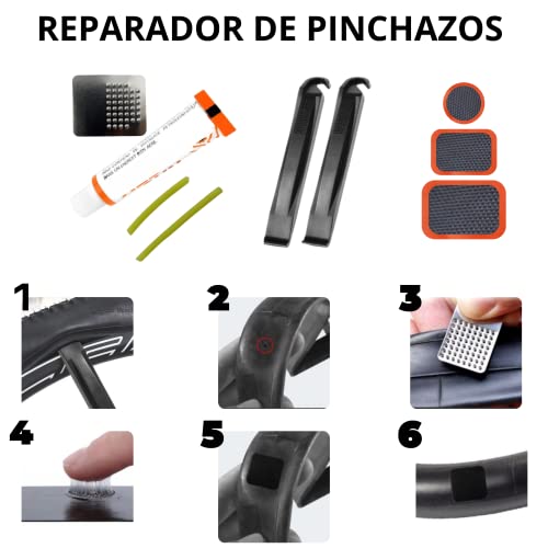 Herramientas de Bicicleta para la repación de Ruedas. Kit repara pinchazos de alta calidad con parches para la bicicleta, pegamento, llave multifuncional y 2 palancas para neumáticos