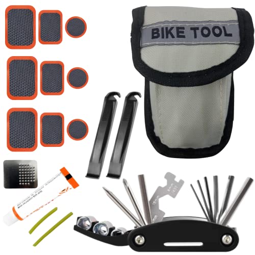 Herramientas de Bicicleta para la repación de Ruedas. Kit repara pinchazos de alta calidad con parches para la bicicleta, pegamento, llave multifuncional y 2 palancas para neumáticos