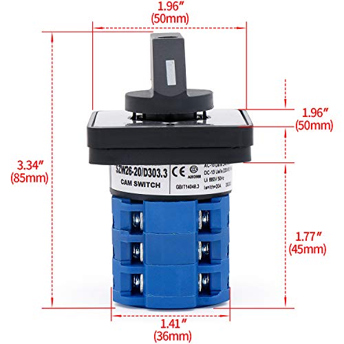 Heschen SZW26-20/D303.3 Interruptor de cambio del selector de leva rotativo universal, 660V, 20A, 3 posiciones, 3 fases, 12 terminales CE