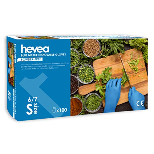 Hevea: guantes de nitrilo desechables. Polvo y tarde libre. 1 caja con 100 guantes. Tamaño: S (pequeño). Color azul