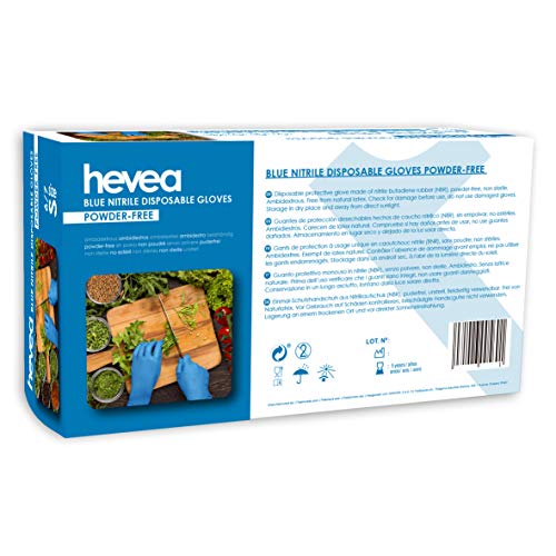 Hevea: guantes de nitrilo desechables. Polvo y tarde libre. 1 caja con 100 guantes. Tamaño: S (pequeño). Color azul