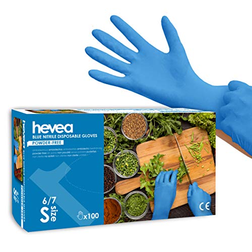 Hevea: guantes de nitrilo desechables. Polvo y tarde libre. 1 caja con 100 guantes. Tamaño: S (pequeño). Color azul