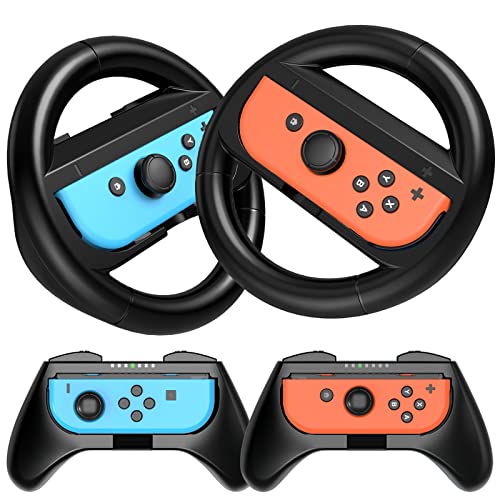 HEYSTOP Volantes y Grip Compatible con Nintendo Switch y Switch OLED, Switch Grip Racing Wheel Volante, Mandos Grip para Mario Kart Juegos/Mandos Nintendo Switch Deluxe 4 Piezas (Negro)