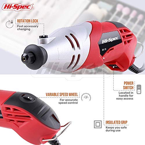 Hi-Spec Mini Amoladora / Taladro Electrica. Herramienta Giratoria Multifunción para Bricolaje de 170 W, Velocidad de hasta 35.000 rpm. Ideal para Taladrar, Lijar, Pulir, y Mas. Incluye 120 Accesorios.