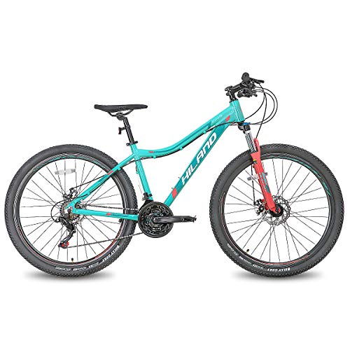 Hiland Bicicleta de montaña de 26, 27,5 Pulgadas, Cuadro de Aluminio, 24 velocidades, Disco Dual con Horquilla de suspensión Lock-out para Mujeres, Color Verde Menta…