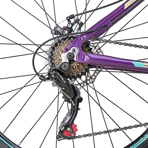 Hiland Bicicleta de montaña de 26, 27,5 Pulgadas, Cuadro de Aluminio, 24 velocidades, Disco Dual con Horquilla de suspensión Lock-out para Mujeres, Color Morado…