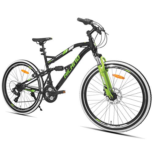 HILAND Bicicleta de montaña de 26 pulgadas con suspensión completa con freno de disco para hombres, mujeres, niños y niñas, 21 velocidades Shimano, color negro
