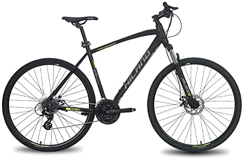 Hiland Bicicleta híbrida 700c con Cuadro de Aluminio Shimano 24 velocidades Velocidad Lock-out, Horquilla de suspensión con Freno de Disco…