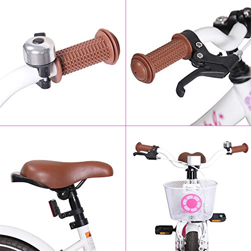 HILAND Petal - Bicicleta infantil de 16 pulgadas | Certificado TÜV | para niñas de 4 años con soporte, cesta, freno de mano y freno de contrapedal, color blanco