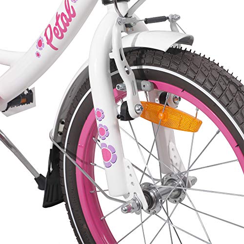 HILAND Petal - Bicicleta infantil de 16 pulgadas | Certificado TÜV | para niñas de 4 años con soporte, cesta, freno de mano y freno de contrapedal, color blanco